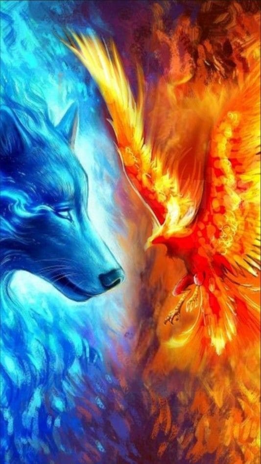 Hình nền điện thoại đẹp với chú chó sói và chim phượng hoàng lửa
