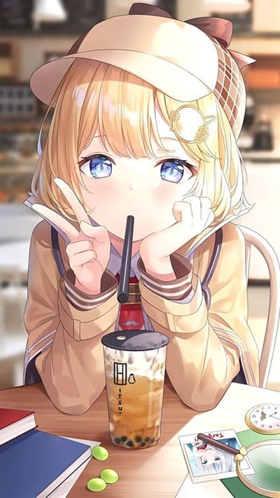 Hình ảnh anime nữ đầu đội mũ phớt tạo dáng rất cute làm hình nền điện thoại