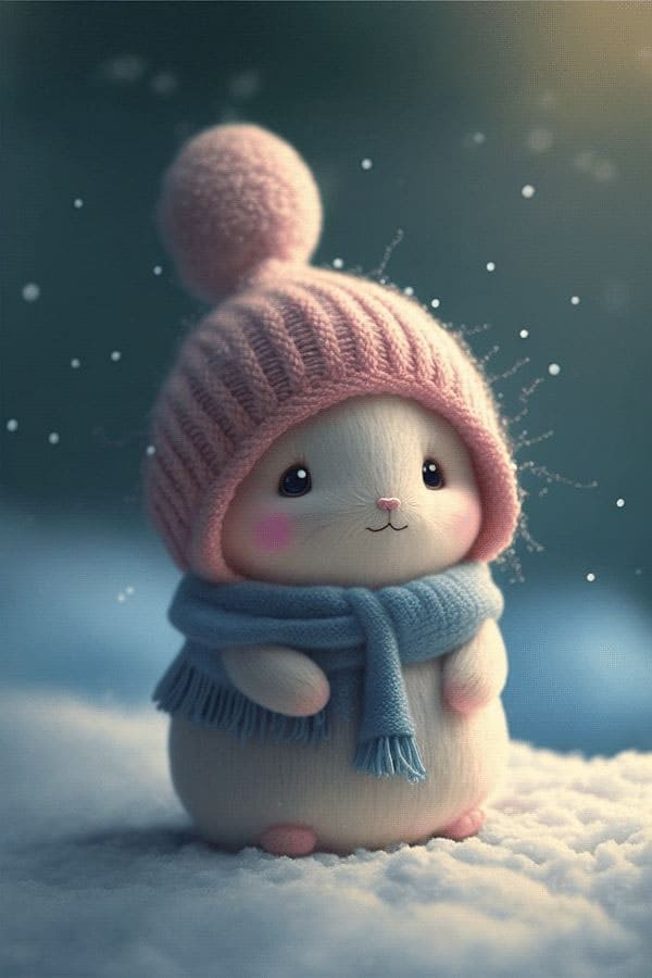 Hình nền điện thoại 3D tuyệt đẹp về chú chuột với chiếc khăn và mũ len dễ thương
