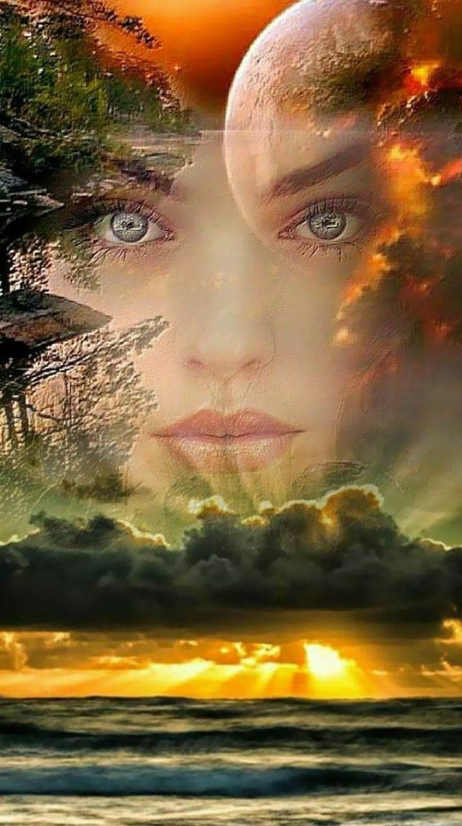 Hình nền điện thoại nghệ thuật lồng ghép gương mặt nữ xinh đẹp với khung cảnh thơ mộng