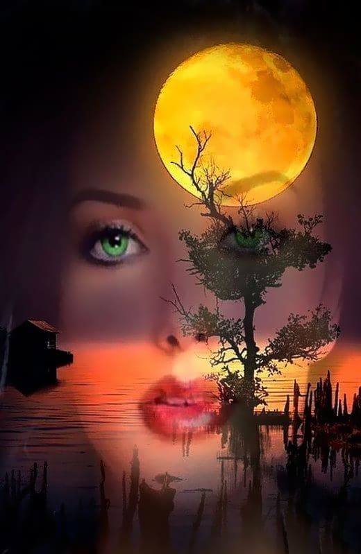 Hình nền điện thoại đẹp nghệ thuật lông ghép gương mặt thiếu nữ và ánh trăng