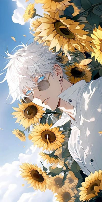 Hình ảnh anime nam đẹp trai tạo dáng với vườn hoa hướng dương