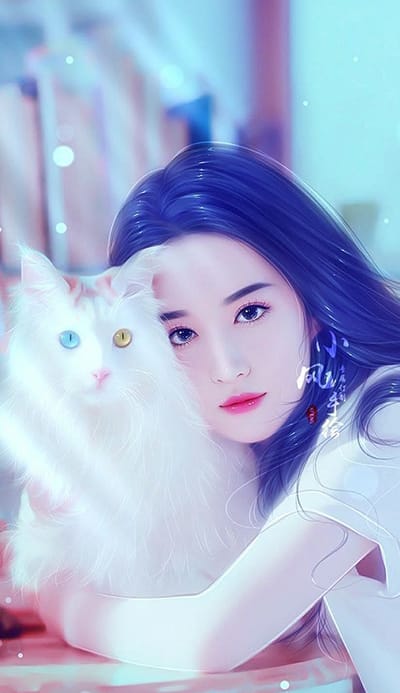 Hình ảnh đẹp như mơ về cô gái và chú mèo dễ thương