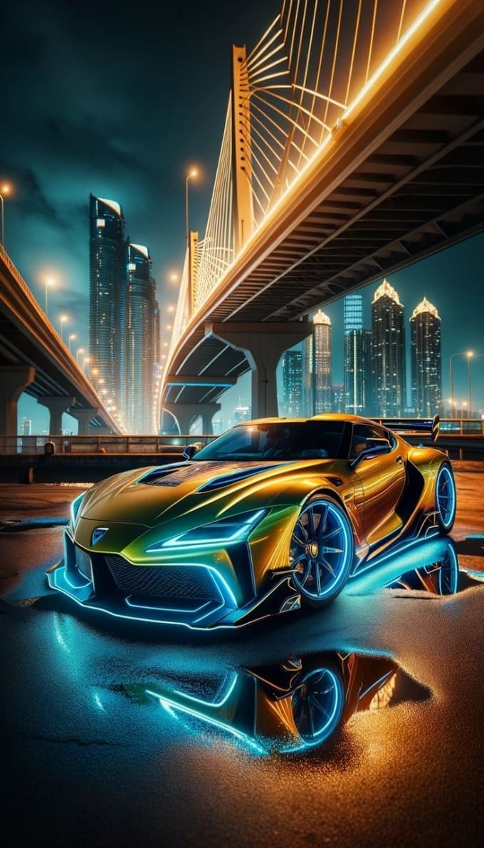 Hình nền điện thoại nghệ thuật giữa siêu xe đứng cạnh cây cầu phát quang tuyệt đẹp