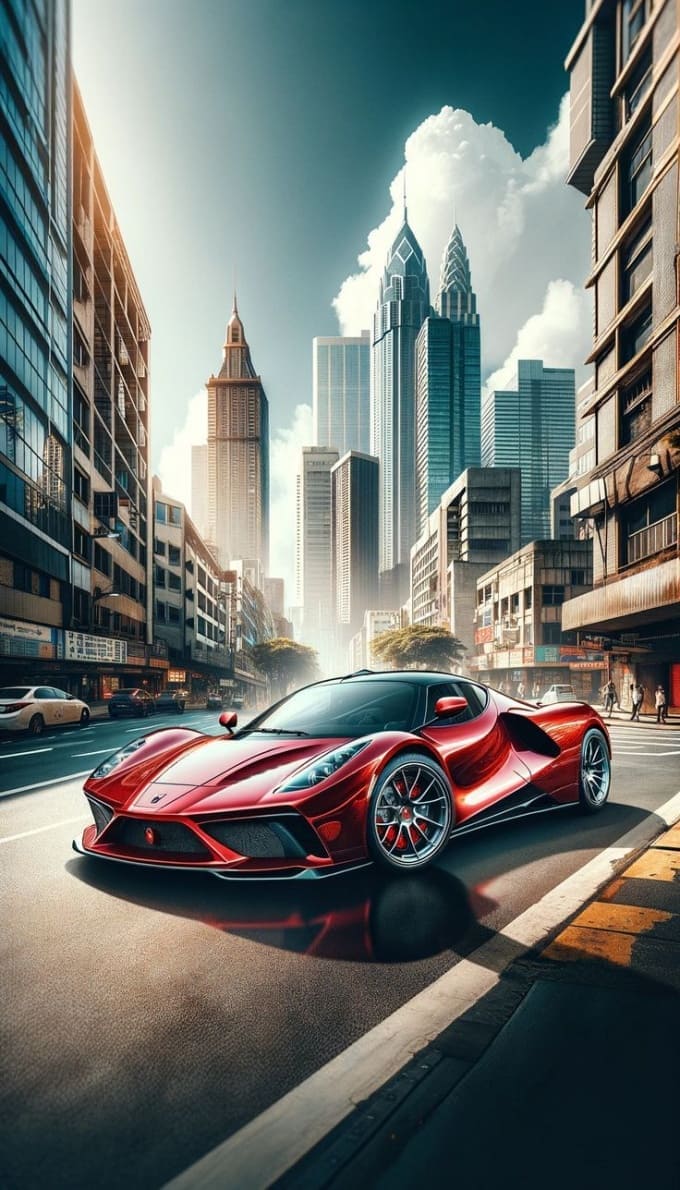 Hình nền điện thoại 3D siêu xe màu đỏ đi trên đường phố hiện đại