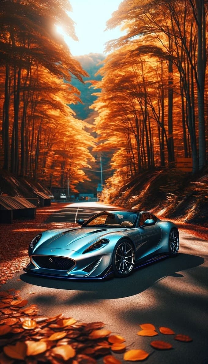 Hình nền điện thoại 3D siêu xe và hai hàng cây lá đỏ tuyệt đẹp