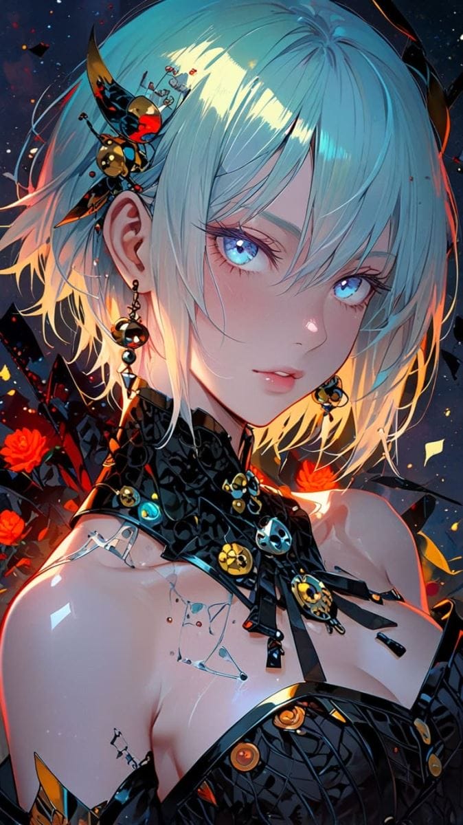 Hình nền điện thoại AI anime nữ có đôi mắt sáng và mái tóc bạch kim