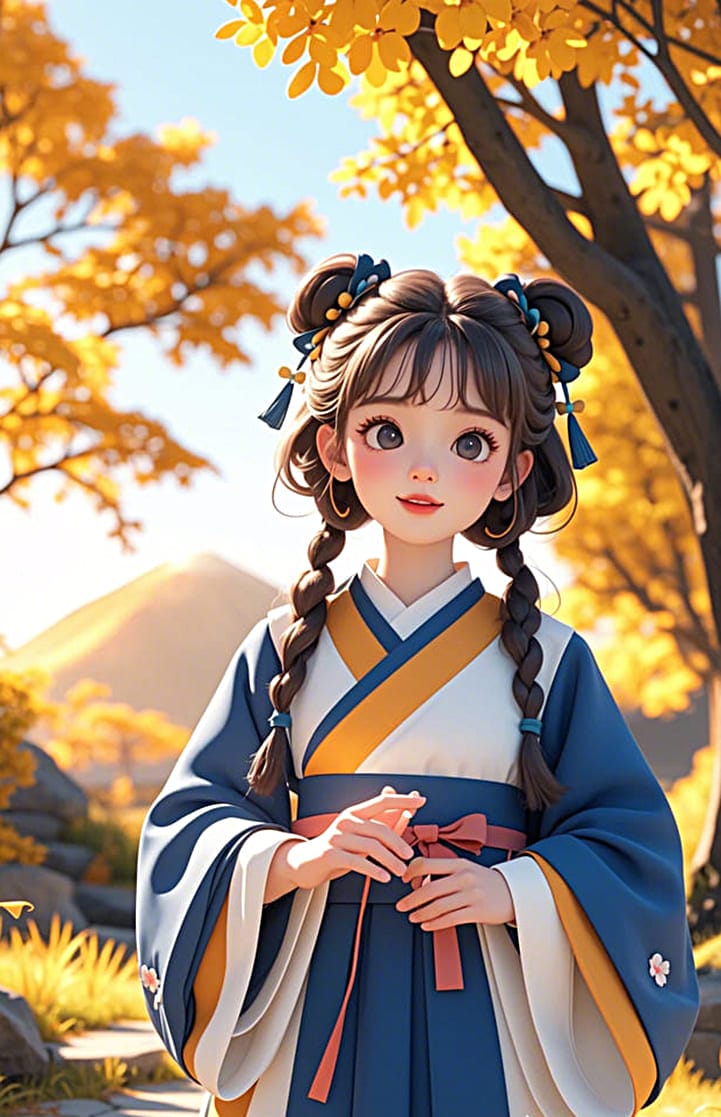 Hình nền điện thoại AI anime nữ xinh đẹp với đôi mắt to tròn và bộ trang phục truyền thống