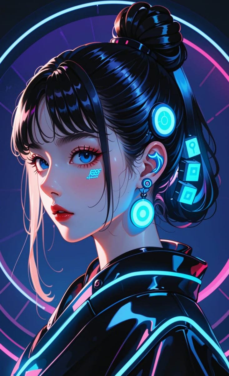 Hình nền điện thoại AI cô gái có bộ trang phục đen bóng và phát quang đẹp mắt