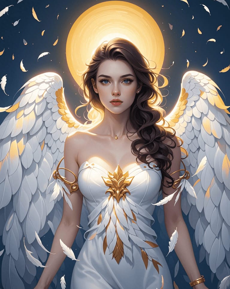 Xem hình ảnh AI bộ váy trắng cùng với đôi cánh thiên thần và những chiếc lông vũ