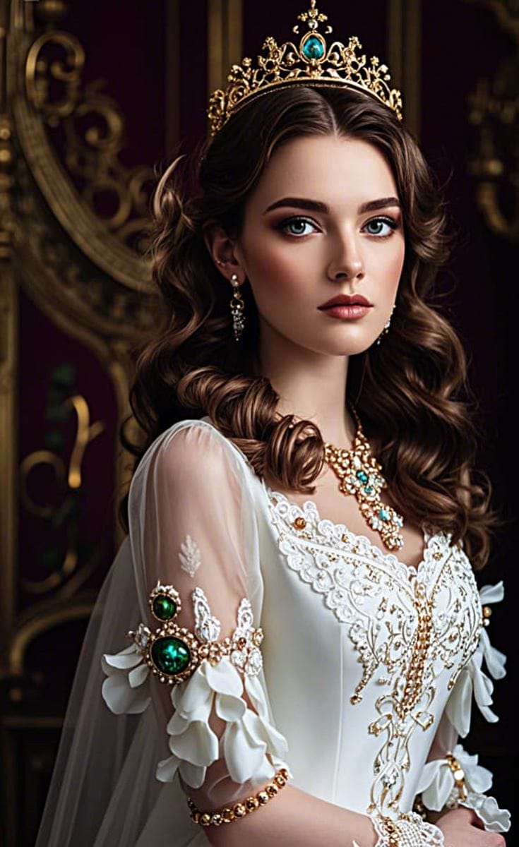 Hình ảnh AI cô gái có bộ váy trắng sang trọng và chiếc vương miện quý phái