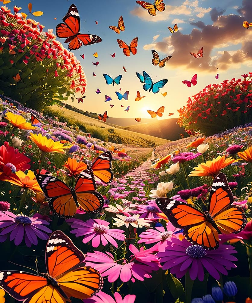 Xem hình ảnh AI Cánh đồng hoa bướm sặc sỡ