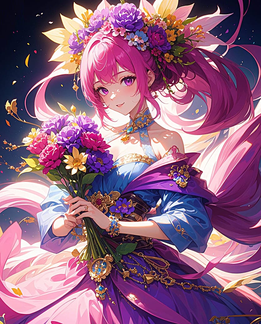 Xem hình ảnh AI Thiếu nữ có chiếc váy tím hồng cùng những bông hoa đẹp