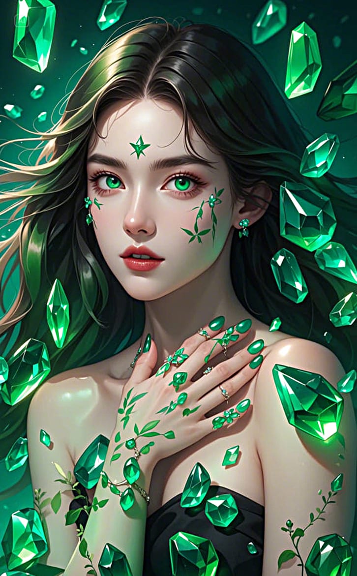 Hình nền điện thoại AI cô gái có chiếc váy xanh hòa vào hiệu ứng xanh