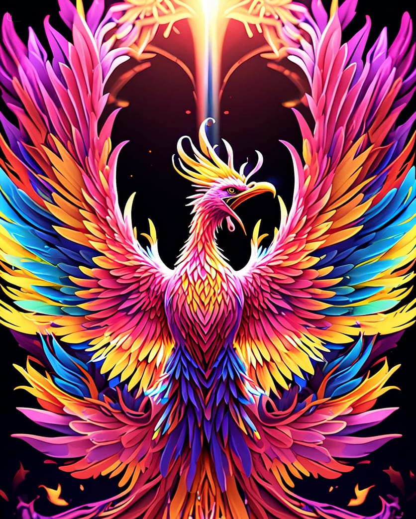 Xem hình ảnh AI Chú chim phượng hoàng với sắc màu cầu vồng