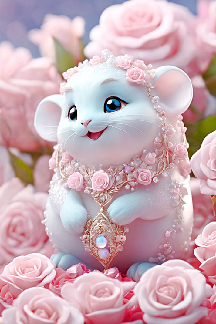 Xem hình ảnh AI Chú chuột trắng đáng yêu cùng những bông hoa hồng tuyệt đẹp
