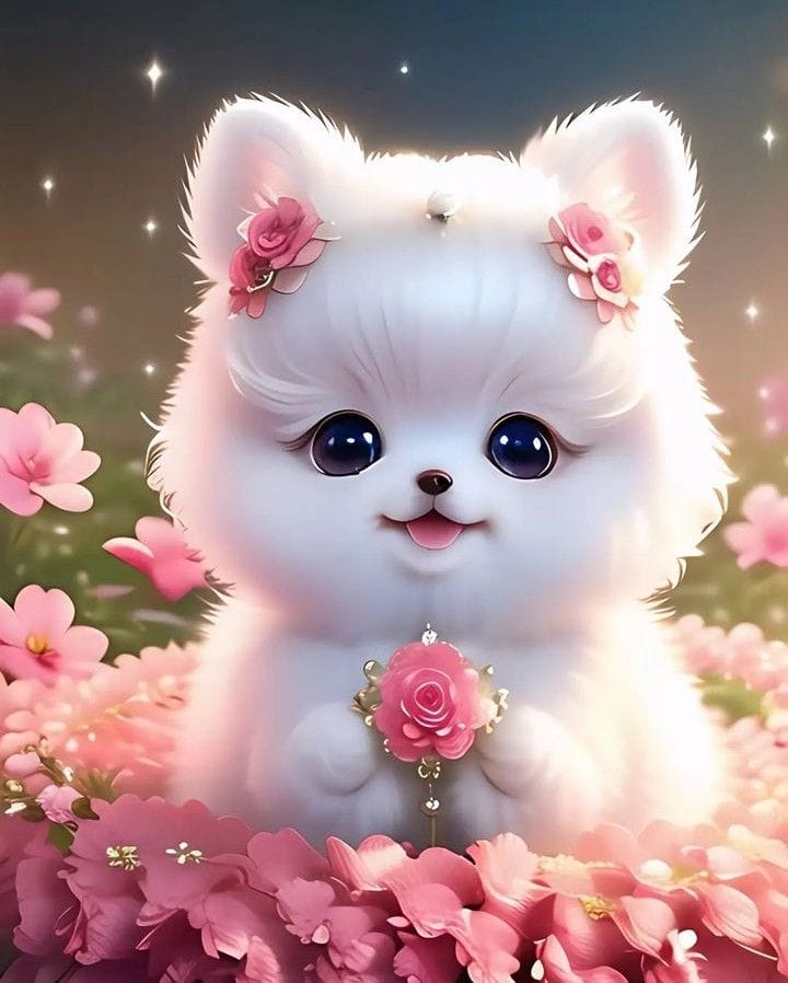 Xem hình ảnh AI Chú mèo trắng đáng yêu và những bông hoa hồng rực rỡ