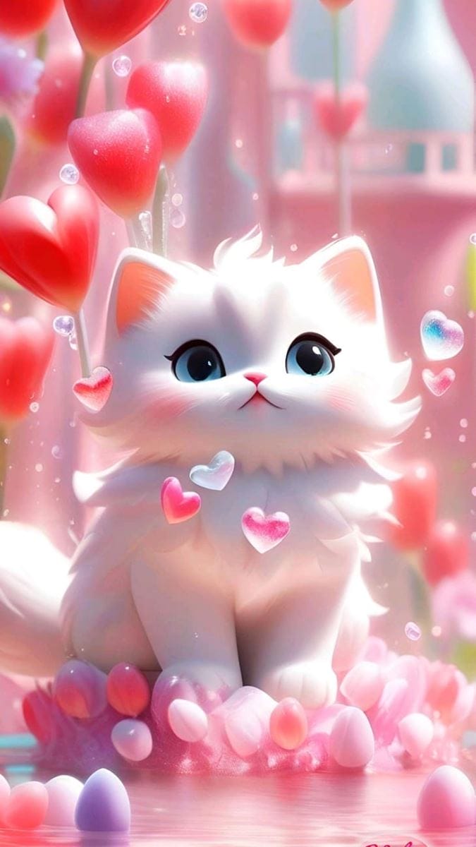 Xem hình ảnh AI Chú mèo trắng dễ thương và những trái tim hồng tuyệt đẹp