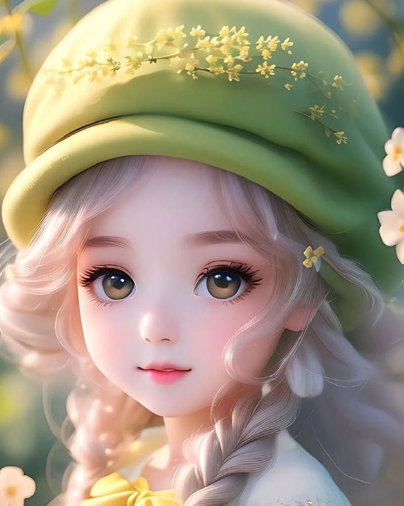 Xem hình ảnh AI Cô bé siêu dễ thương với đôi mắt to tròn và chiếc mũ xanh cài hoa