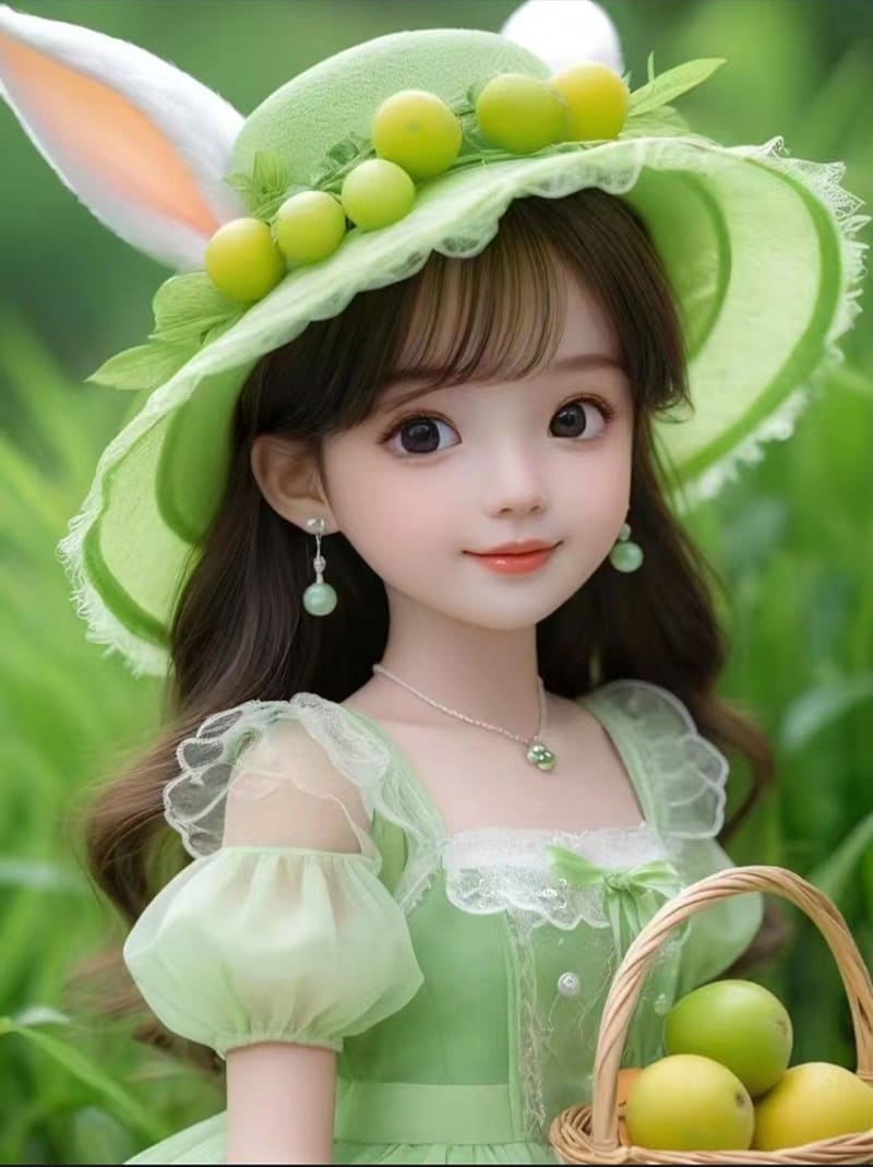 Xem hình ảnh AI Cô bé đội chiếc mũ màu xanh lá cây gắn hình đôi tai thỏ
