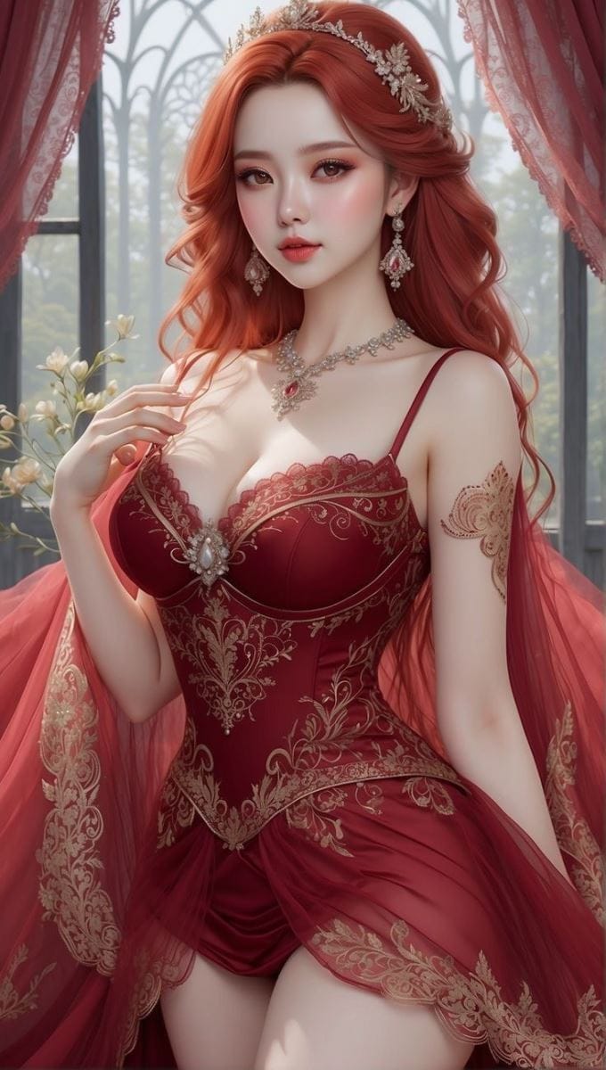 Xem hình ảnh AI Cô gái có mái tóc và chiếc váy màu đỏ hấp dẫn