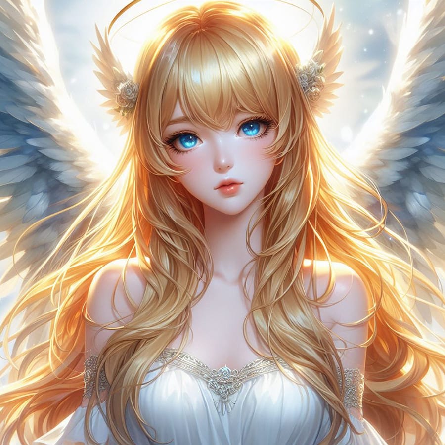 Xem hình ảnh AI Cô gái đẹp như thiên thần với đôi mắt xanh, mái tóc vàng và đôi cánh trắng