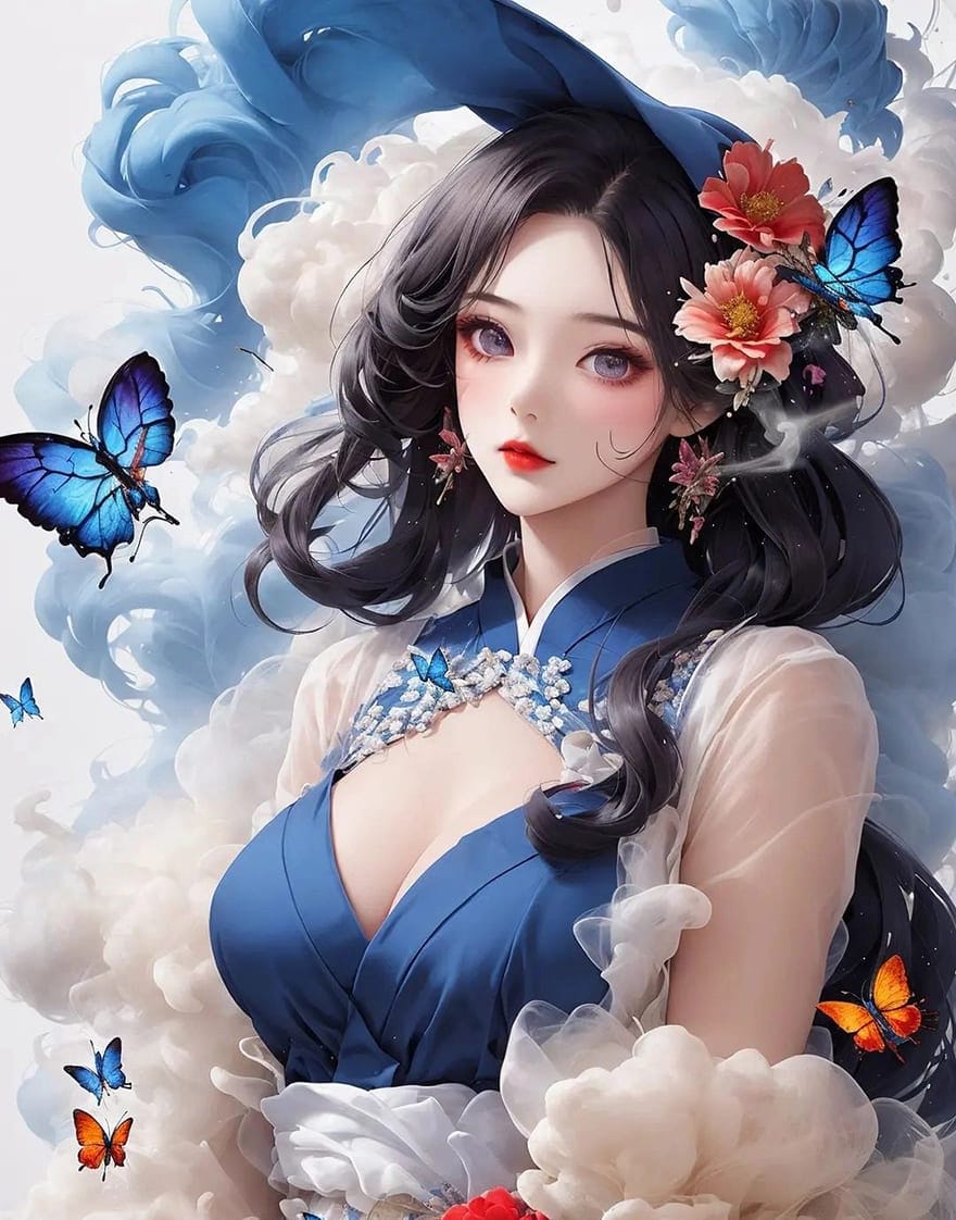 Xem hình ảnh AI Cô gái tạo dáng cùng mây trắng bồng bềnh và những con bướm xinh