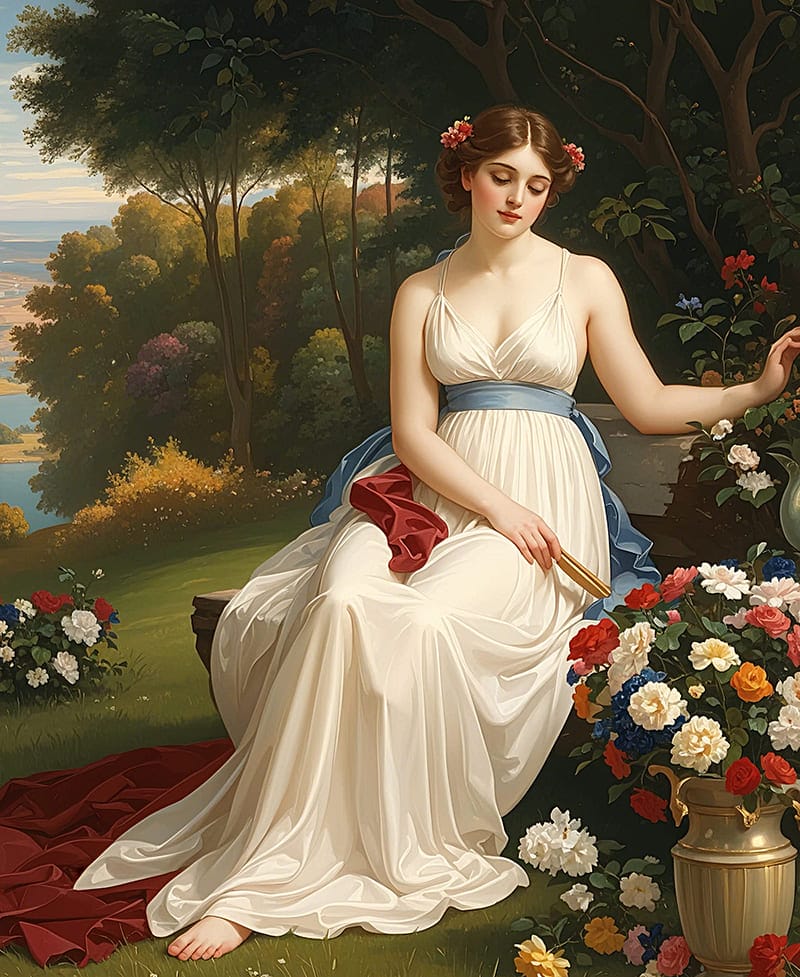 Xem hình ảnh AI Bức tranh thiếu nữ với chiếc váy trắng và hình hoa đẹp