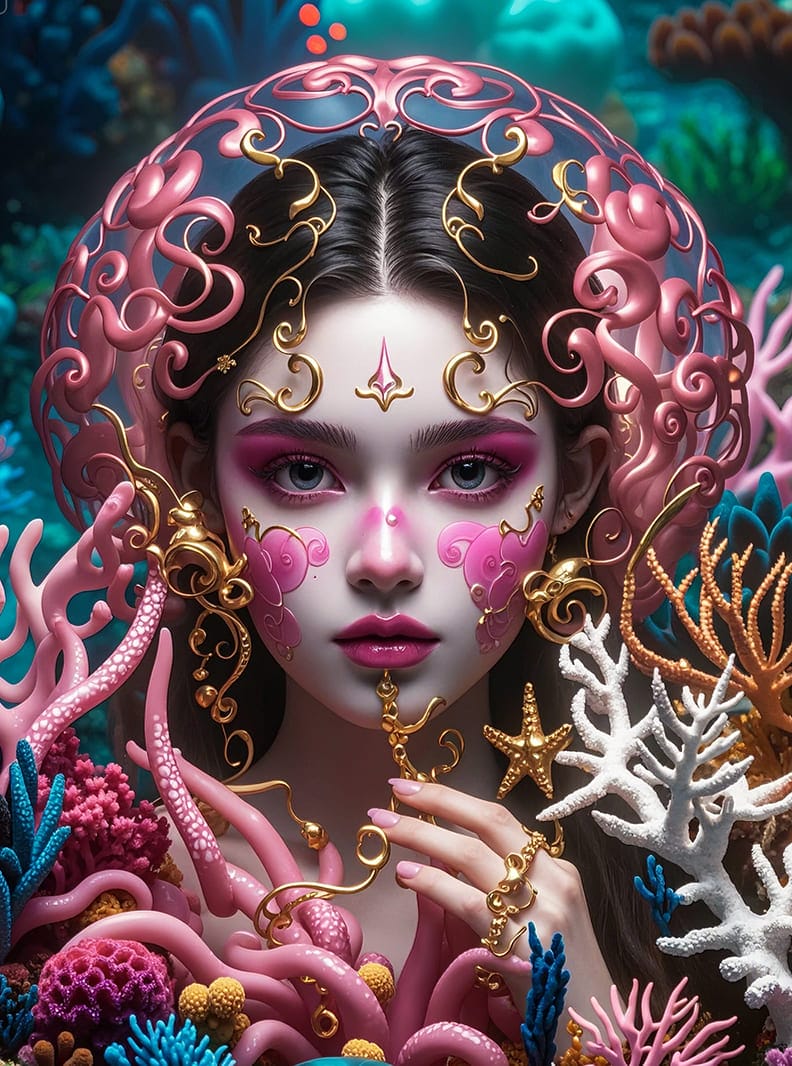 Xem hình ảnh AI Cô gái trang trí với cảnh vật dưới đại dương
