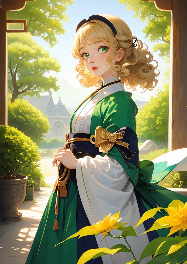 Hình nền điện thoại AI cô gái xinh đẹp hòa mình với màu xanh thiên nhiên