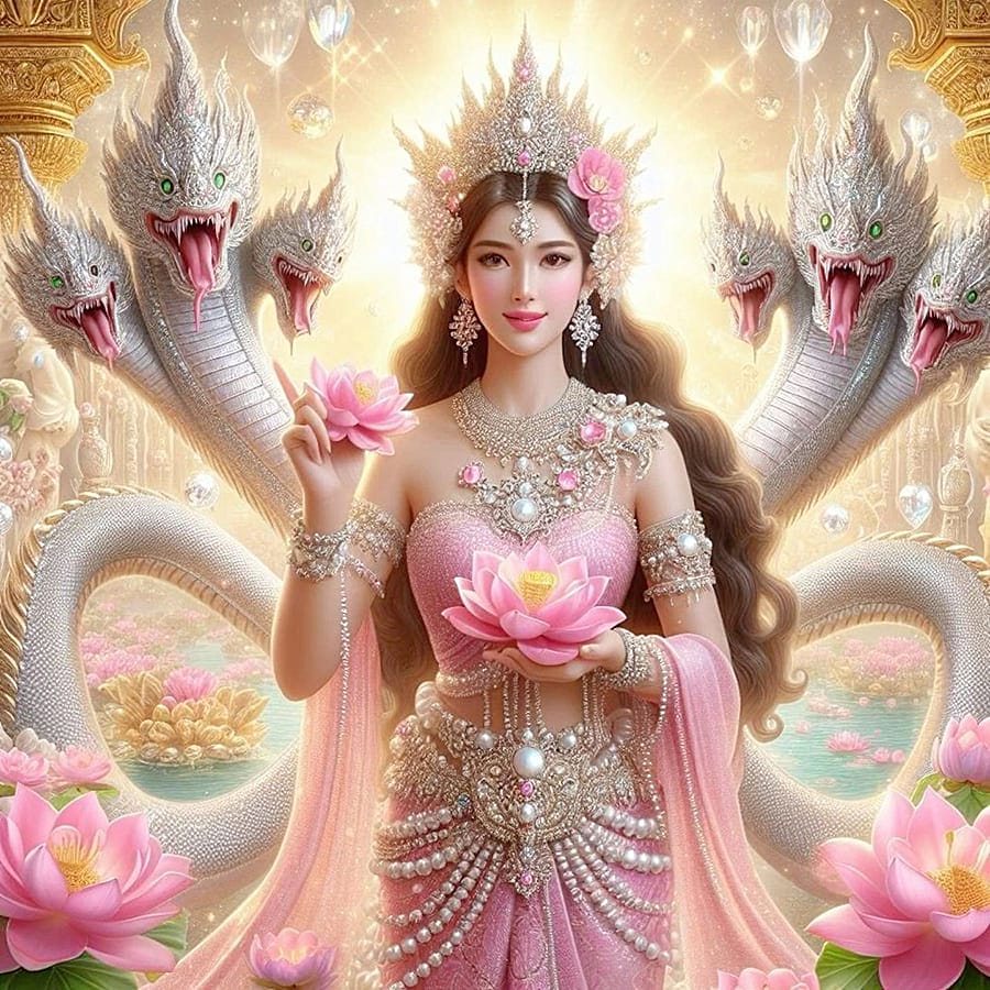 Xem hình ảnh AI Cô gái xinh đẹp taọ dáng cùng hoa sen và hai con rắn ba đâu