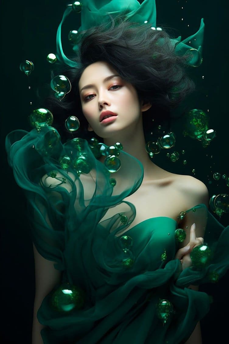 Hình nền điện thoại AI Cô gái xinh đẹp với chiếc váy xanh kết hợp những quả bóng nước màu xanh