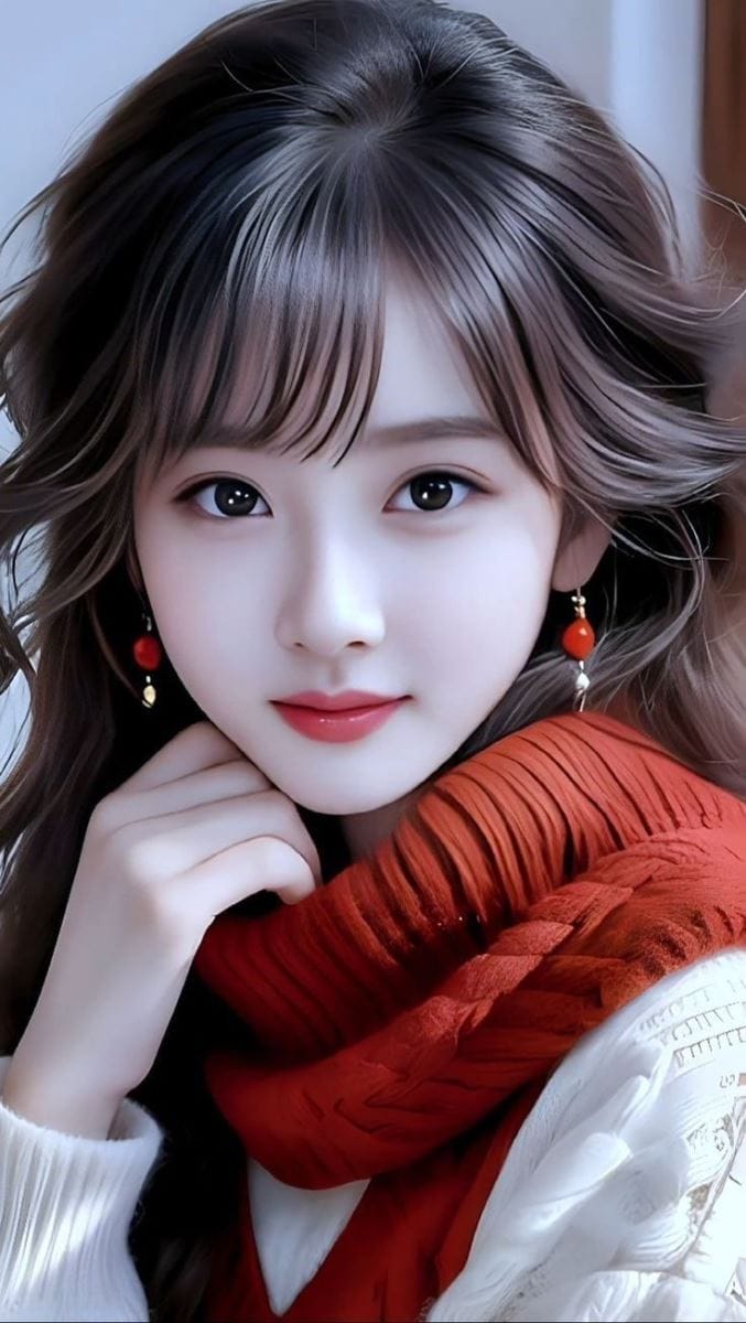 Xem hình ảnh AI Cô gái xinh đẹp với đôi mắt đen long lanh và chiếc khăn quàng cổ rất chill