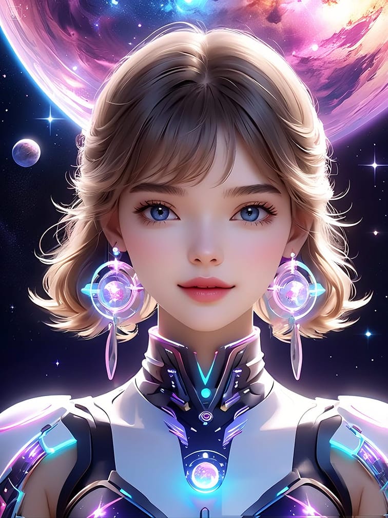 Xem hình ảnh AI Cô gái có đôi bông tai đẹp kết hợp nền quả địa cầu màu tím hồng