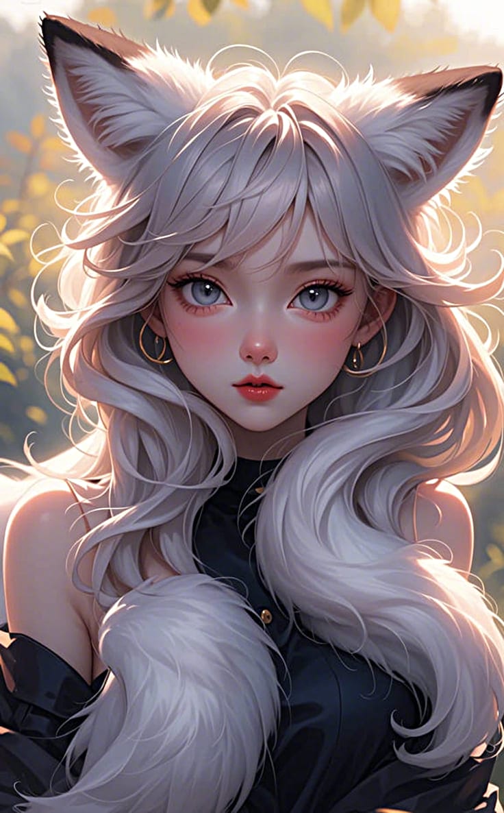 Hình nền điện thoại AI anime nữ có đôi tai to với mái tóc bồng bềnh