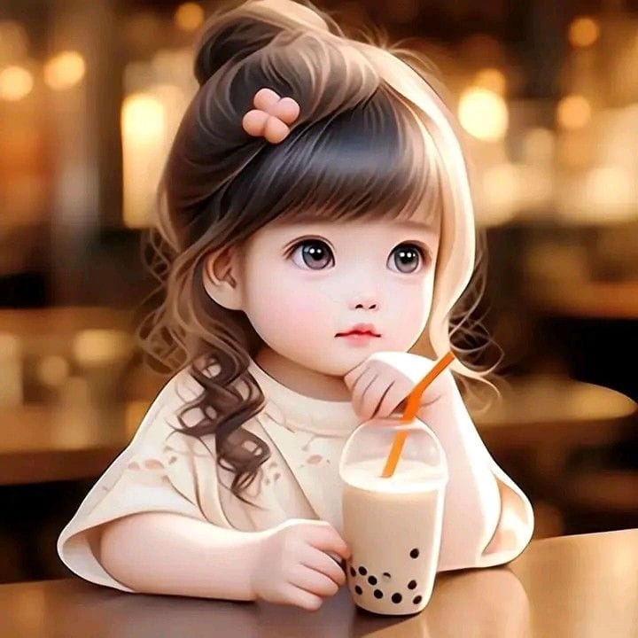 Xem hình ảnh AI Cô bé đẹp như thiên thần bên cốc trà sữa