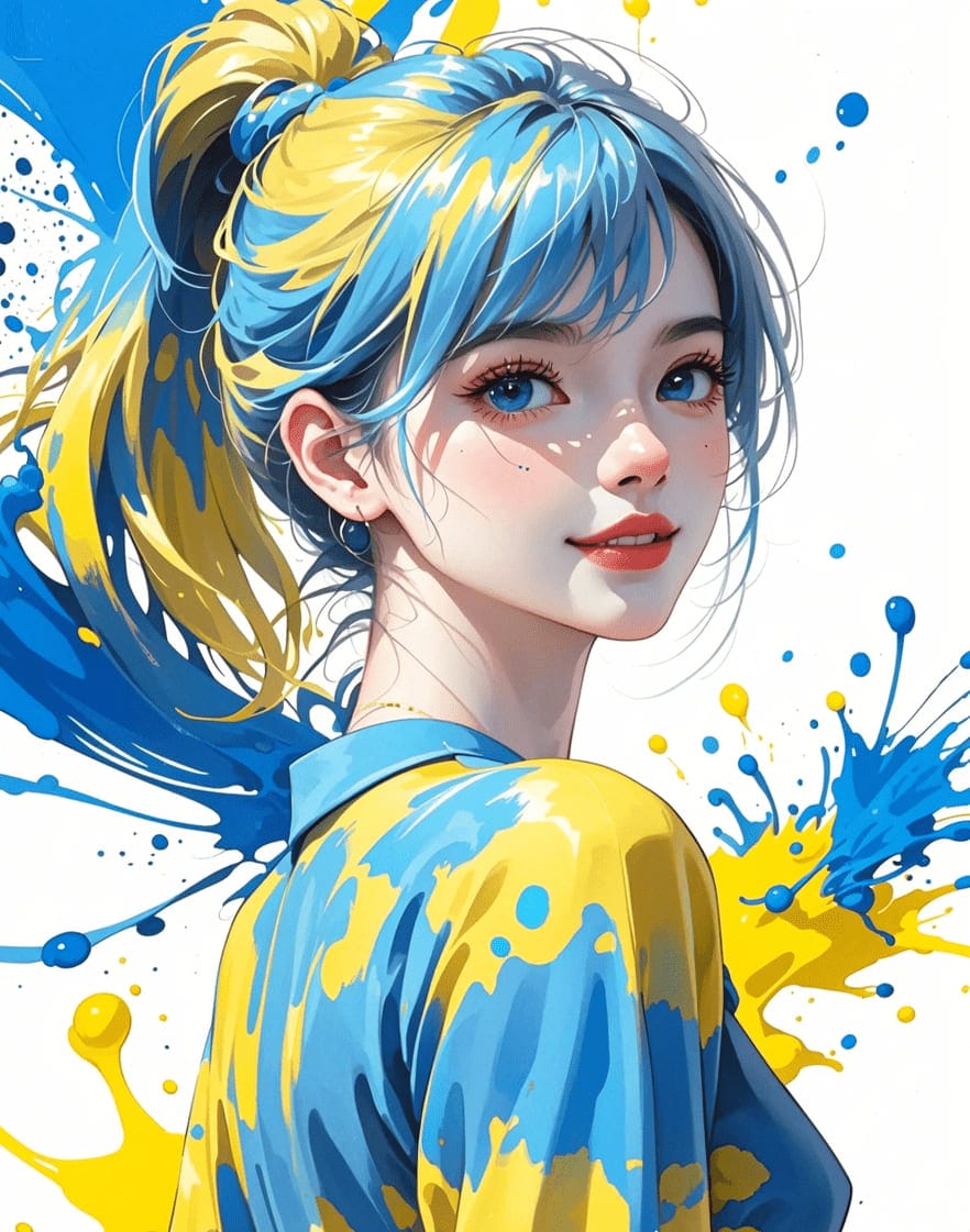 Xem hình ảnh AI ứng vết sơn xanh vàng trên cô gái xinh đẹp