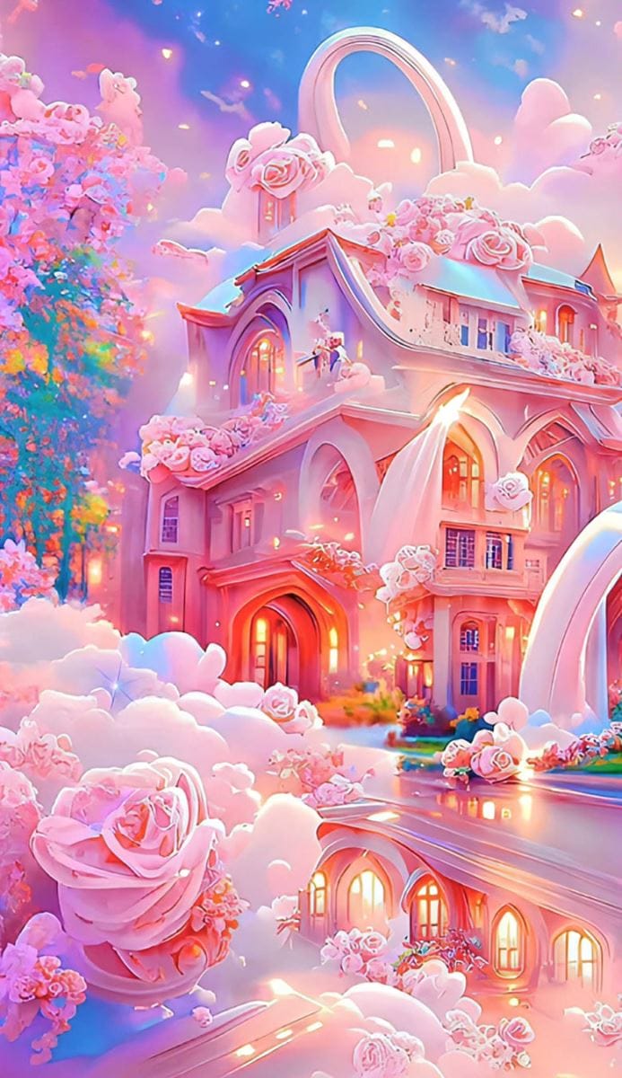 Xem hình ảnh AI Lâu đài màu hồng kết hợp hoa lá đẹp như tiên cảnh