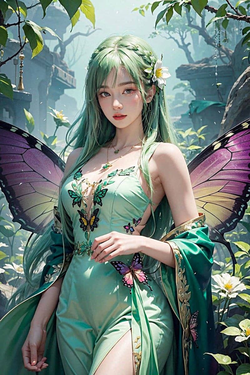Hình nền điện thoại AI cô gái lôi cuốn với đôi cánh bướm và chiếc váy màu xanh