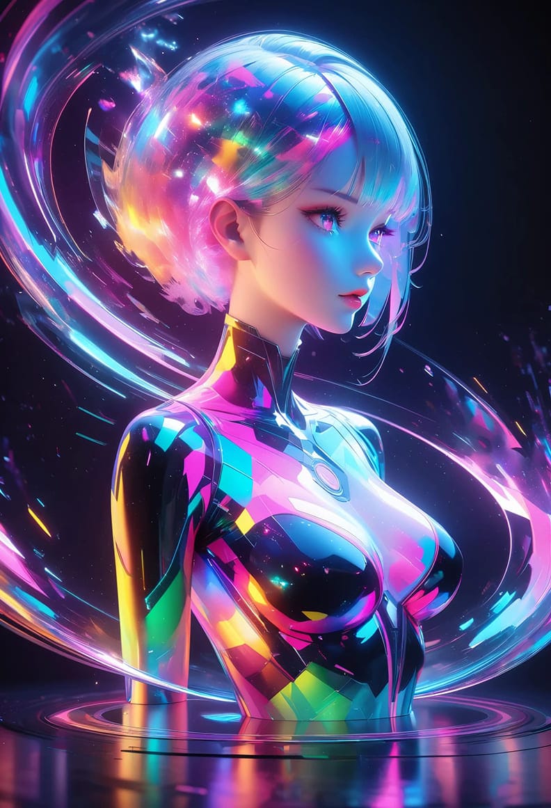 Hình nền điện thoại AI anime nữ lôi cuốn với sắc màu cầu vồng và hiệu ứng quang học