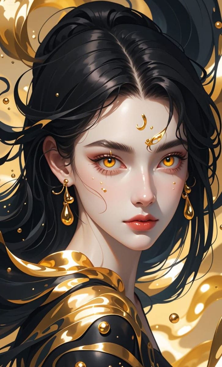 Hình nền điện thoại AI cô gái có mái tóc đen bóng và đôi mắt màu vàng cá tính