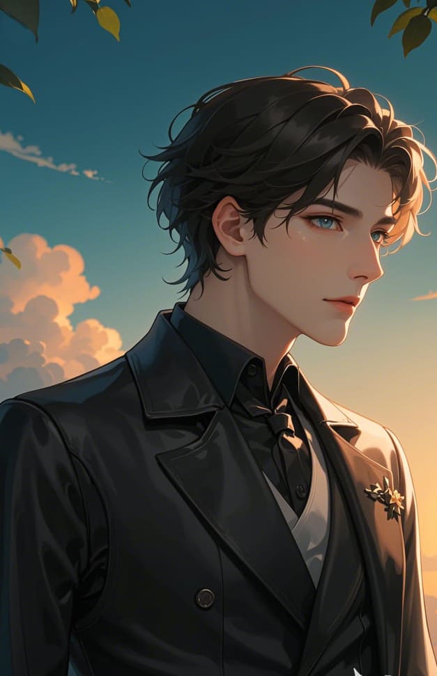 Hình nền điện thoại AI anime nam thần với bộ vest đen lịch lãm