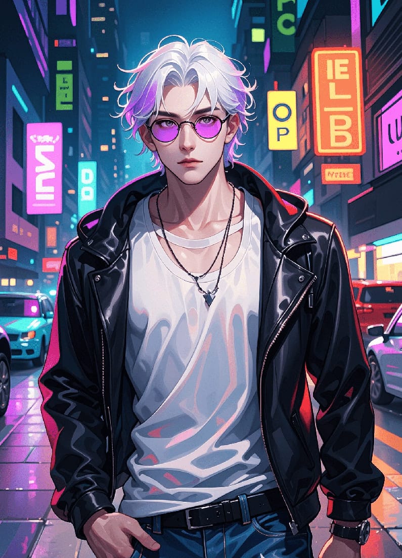 Hình nền điện thoại AI anime nam tính với mái tóc bạch kim và đeo kính màu hồng