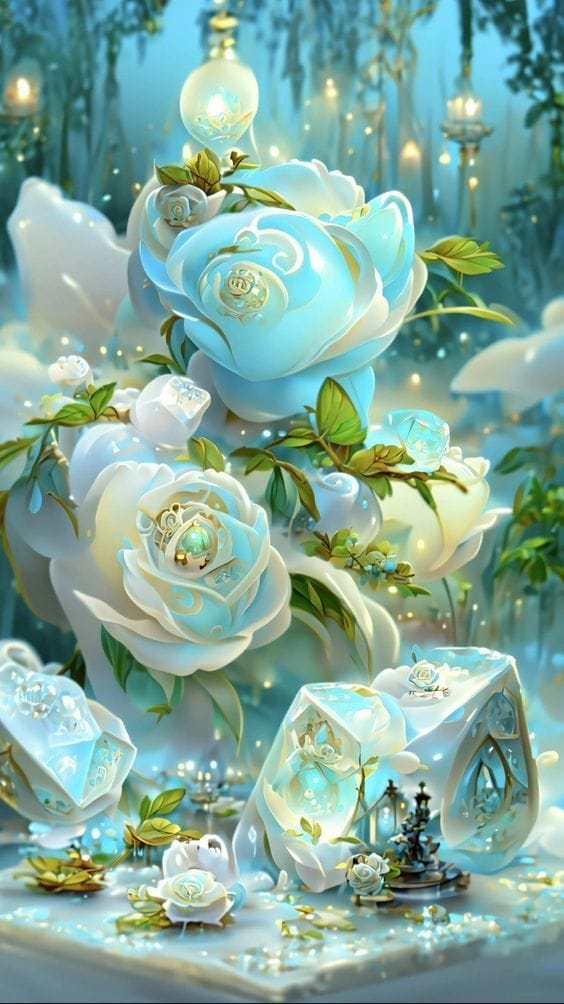 Xem hình ảnh AI Những bông hoa màu trắng xanh nghệ thuật