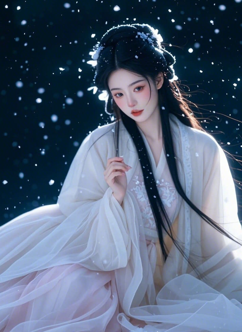 Hình nền điện thoại AI cô gái xinh đẹp với những bông truyết phủ trên mái tóc