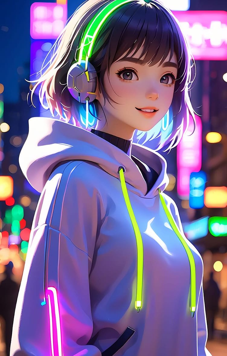 Hình nền điện thoại AI cô gái có nụ cười duyên và chiếc tai phone phong cách