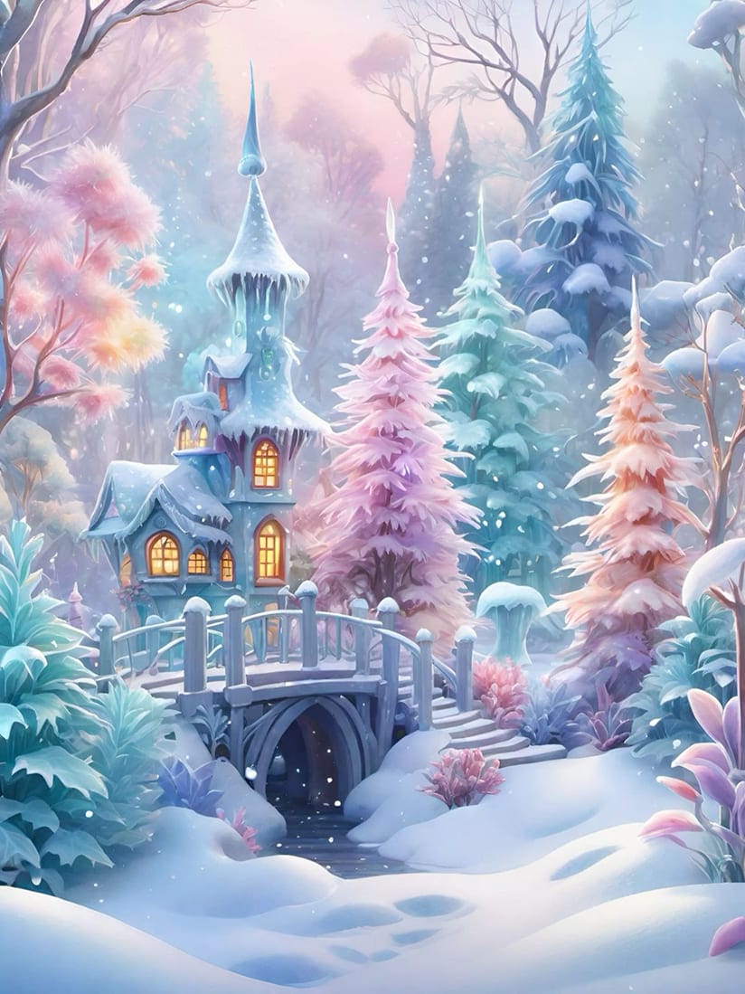 Xem hình ảnh AI Rừng cây phủ đầy tuyết với nhiều màu sắc đẹp như tiên cảnh