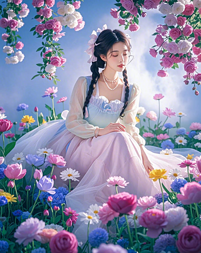 Xem hình ảnh AI Thiếu nữ trong vườn hoa đẹp như tiên cảnh