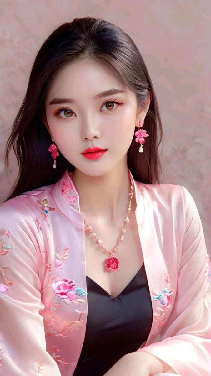 Xem hình ảnh AI Thiếu nữ xinh đẹp với đôi môi đỏ và chiếc áo màu hồng