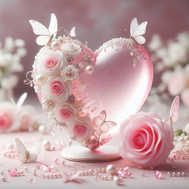 Xem hình ảnh AI Trái tim thủy tiinh trang trí hoa bướm và ngọc quý hiếm